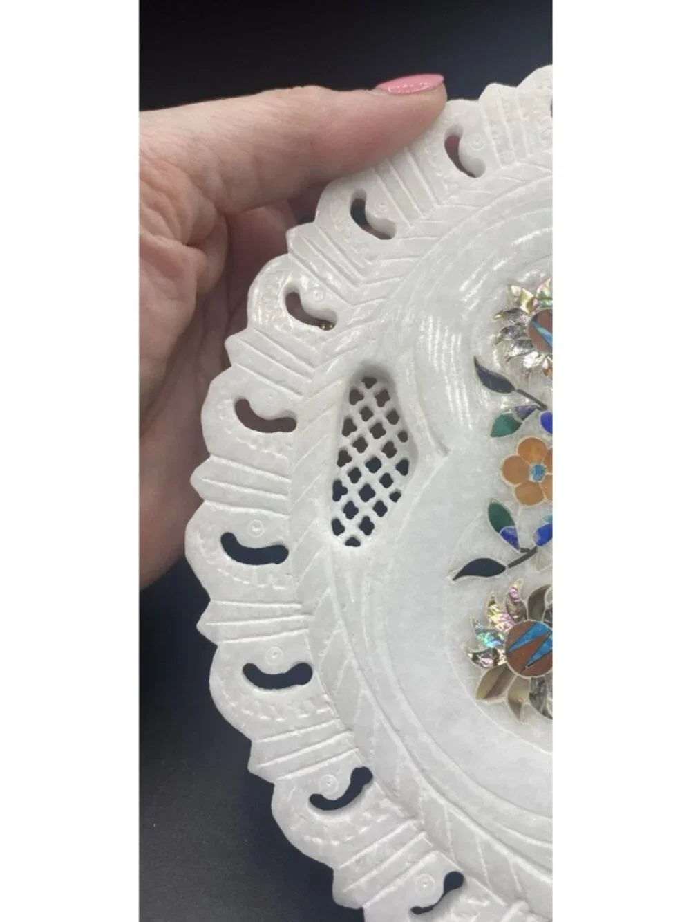 Inlaid Marble Plate Floral Stone Handmade Decor Boho Cottage 7 Inches